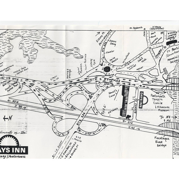 Vintage DAYS INN Kittery Portsmouth Hand Drawn Hotel Guide Complimentary Map - Picture 1 of 1